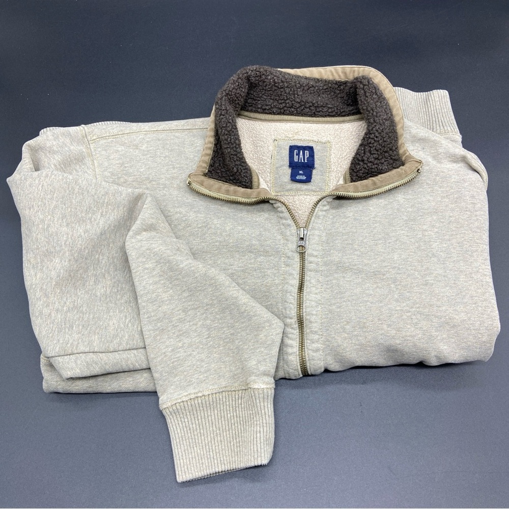 Vintage Gap Sweatshirt Full Zip Fleece Men XL Gray Distressed Sherpa Cotton Y2K